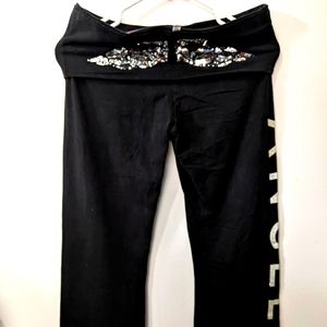 Victoria's Secret Foldover Black Yoga Pants with Sequin Wing and Sparkle Detail